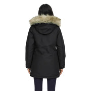 Long black hooded jacket for women with zip and automatic buttons featuring tan fur-lined hood winter parka