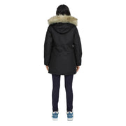 Long black hooded jacket for women with zip and automatic buttons featuring a light brown fur-lined hood