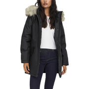 Long black hooded jacket for women featuring a fur-lined hood, zipper, and automatic buttons