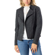 Women’s black moto jacket with white lace top and blue jeans, stylish blazer with lapel collar