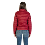 Women’s red quilted puffer jacket displayed with Long Bordeaux Turtleneck Zip Jacket for Women