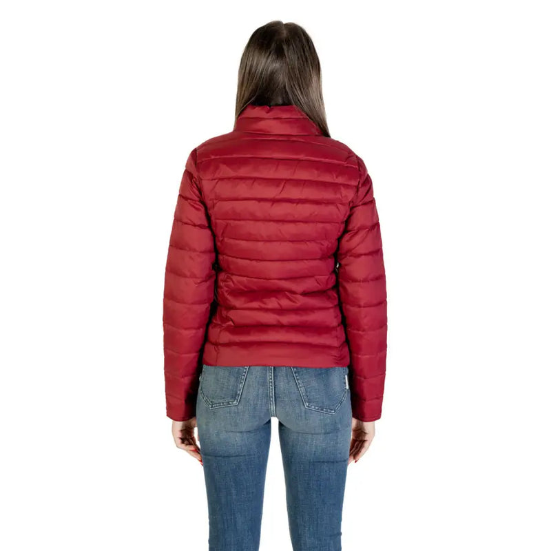 Women’s red quilted puffer jacket displayed with Long Bordeaux Turtleneck Zip Jacket for Women