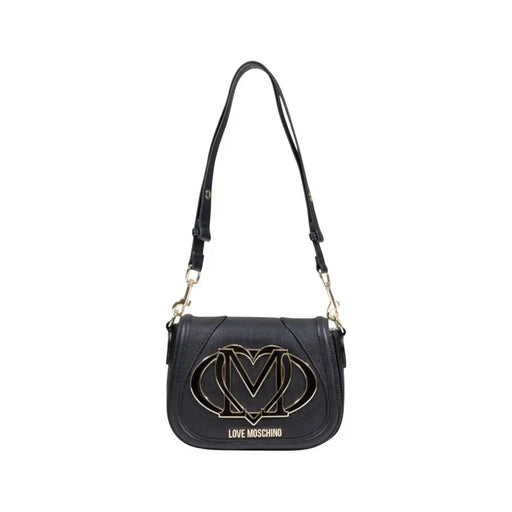 Black leather Love Moschino crossbody bag with gold interlocking heart and M logo