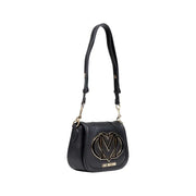 Black leather shoulder bag with gold Love Moschino logo and front pocket