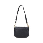 Black leather shoulder bag with curved flap closure and adjustable strap for Love Moschino