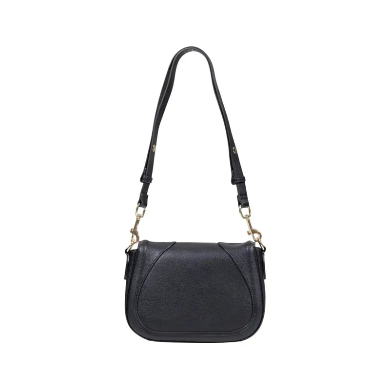 Black leather shoulder bag with curved flap closure and adjustable strap for Love Moschino