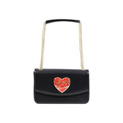 Black Flap Shoulder Bag with Gold Chain Strap and Red Heart Appliqué for Love Moschino Handbag