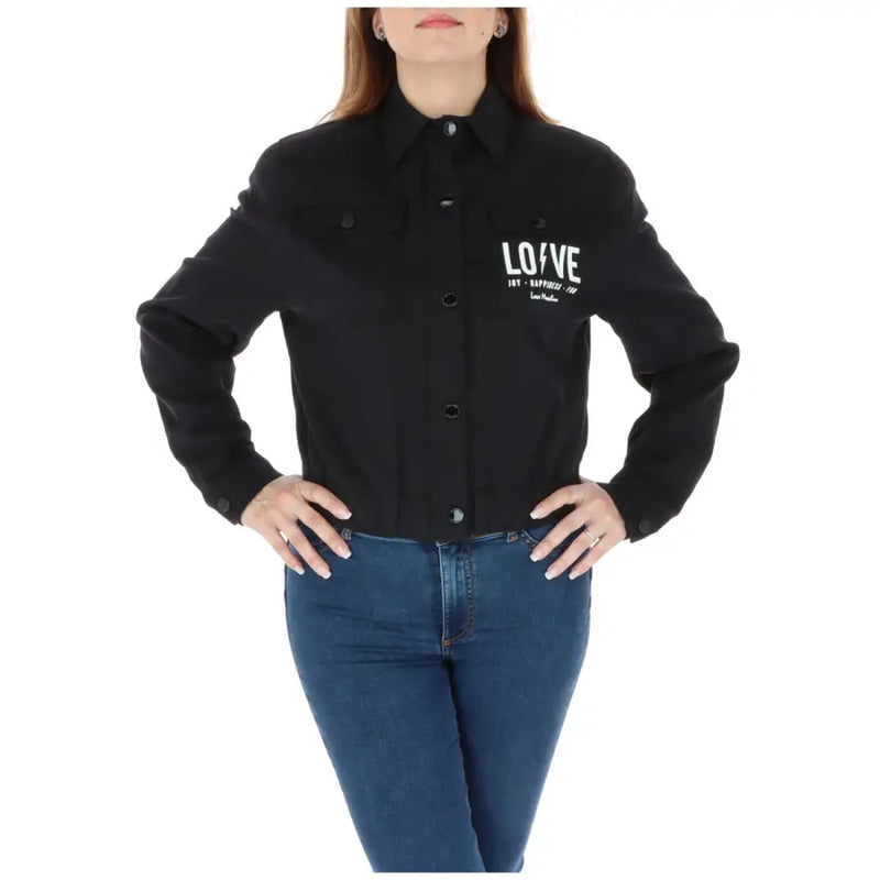 Love Moschino black printed long women’s button-up jacket with love text on chest zip and pockets detail