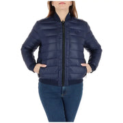 Navy blue quilted puffer jacket with black zipper and heart logo on chest from Love Moschino womens collection