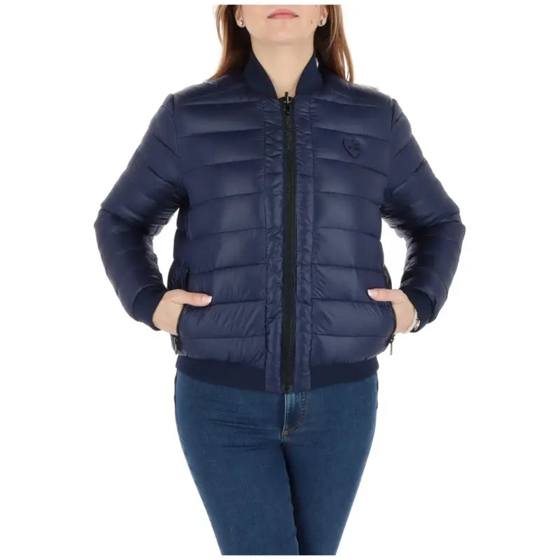 Navy blue quilted puffer jacket with black zipper and heart logo on chest from Love Moschino womens collection
