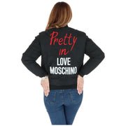 Back side of a love moschino blue printed women’s bomber jacket with black fabric and red and white embroidered text