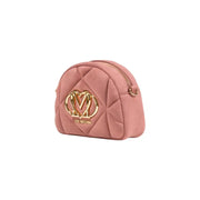 Pink quilted suede Love Moschino crossbody bag with gold heart-shaped M logo and zipper