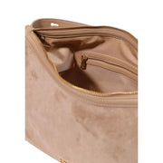 Love Moschino women beige polyester handbag with beige suede, gold-tone zippers, and structured interior