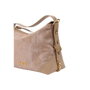 Love moschino women beige polyester shoulder bag with gold-tone hardware and detachable strap in suede finish