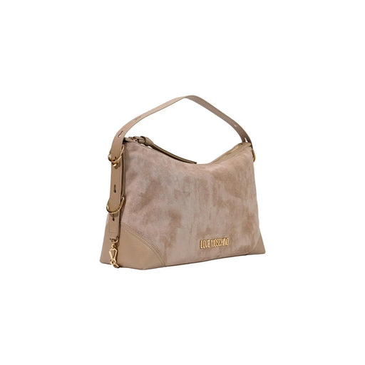 Beigefarbene Love Moschino Hobo-Tasche aus Wildleder mit goldfarbenen Beschlägen und abnehmbarem Schulterriemen aus Polyester