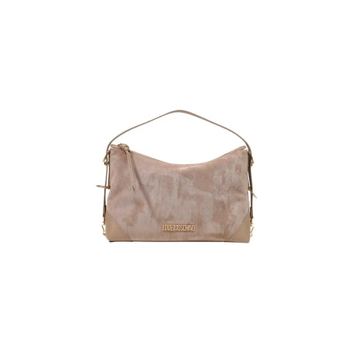 Ein taupefarbenes Wildleder Love Moschino Hobo-Tasche mit goldfarbenen Beschlägen und top Griff für Damen aus beigefarbenem Polyester