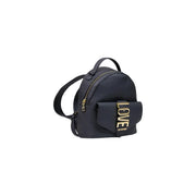 Love moschino women black dark navy leather backpack with gold-tone love lettering and front flap pocket polyurethane