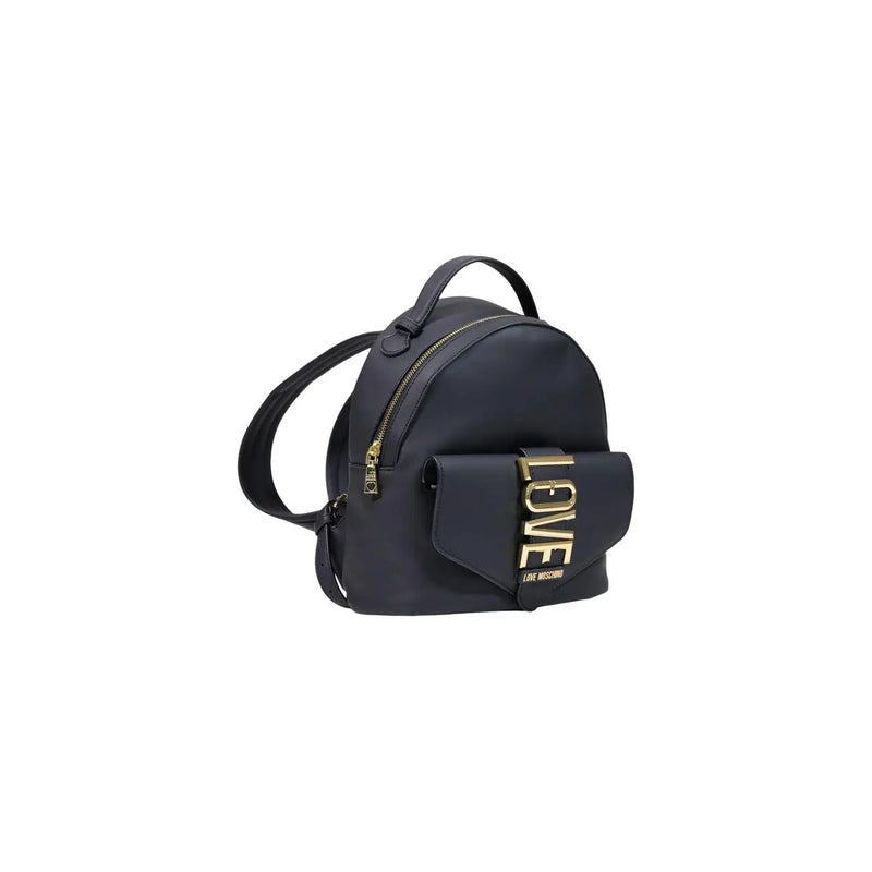 Love moschino women black dark navy leather backpack with gold-tone love lettering and front flap pocket polyurethane