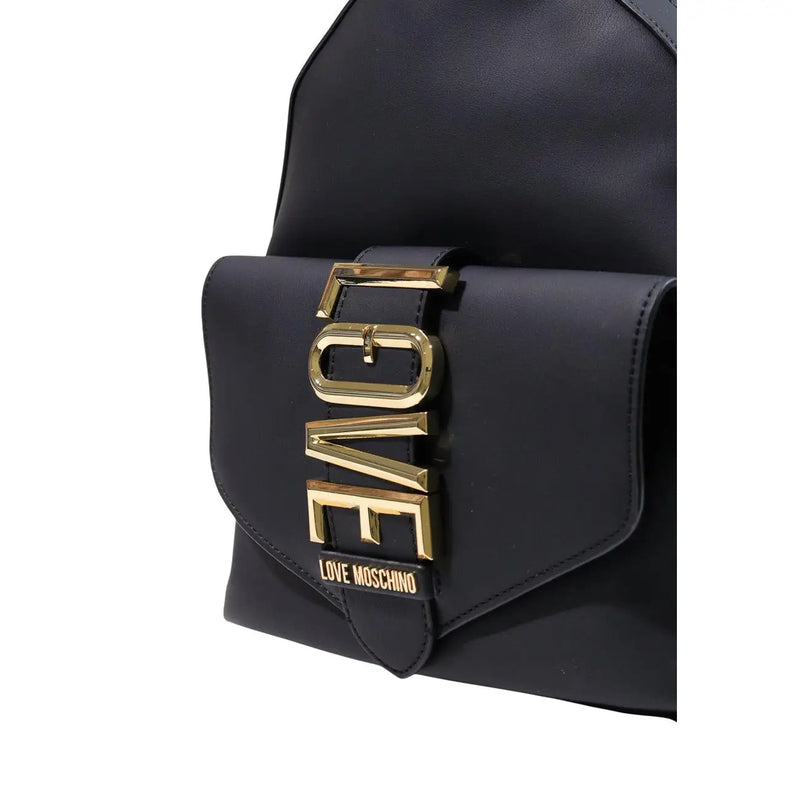 Black leather Love Moschino women backpack with gold-tone love buckle and engraved brand name in polyurethane material