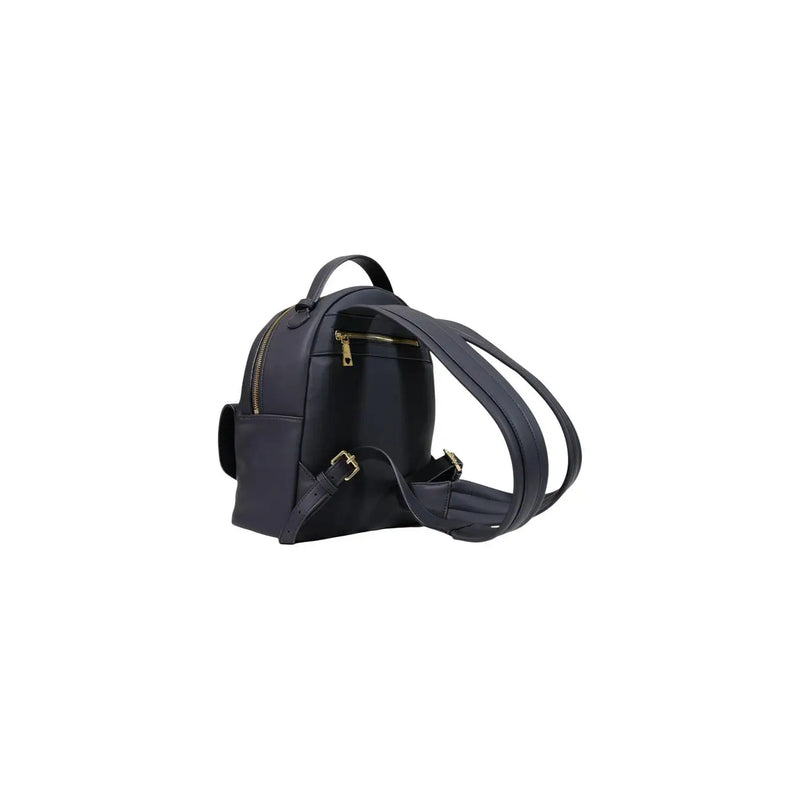 Love Moschino women black polyurethane backpack 13x28x10cm with navy blue leather, gold-tone zippers and buckles