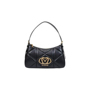 Love Moschino women black quilted polyurethane handbag with gold-tone heart logo and matching shoulder strap