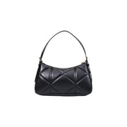 Black quilted leather shoulder bag with geometric diamond pattern and gold hardware by Love Moschino for women