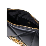 Love Moschino women black quilted polyurethane handbag with gold-tone hardware and interlocking logo clasp