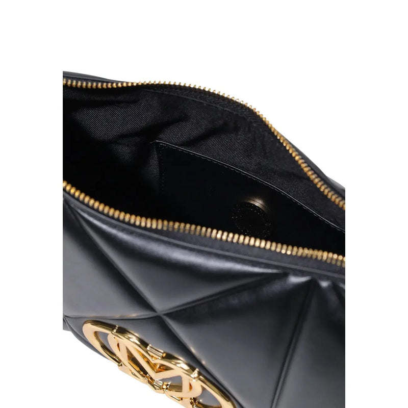 Love Moschino women black quilted polyurethane handbag with gold-tone hardware and interlocking logo clasp