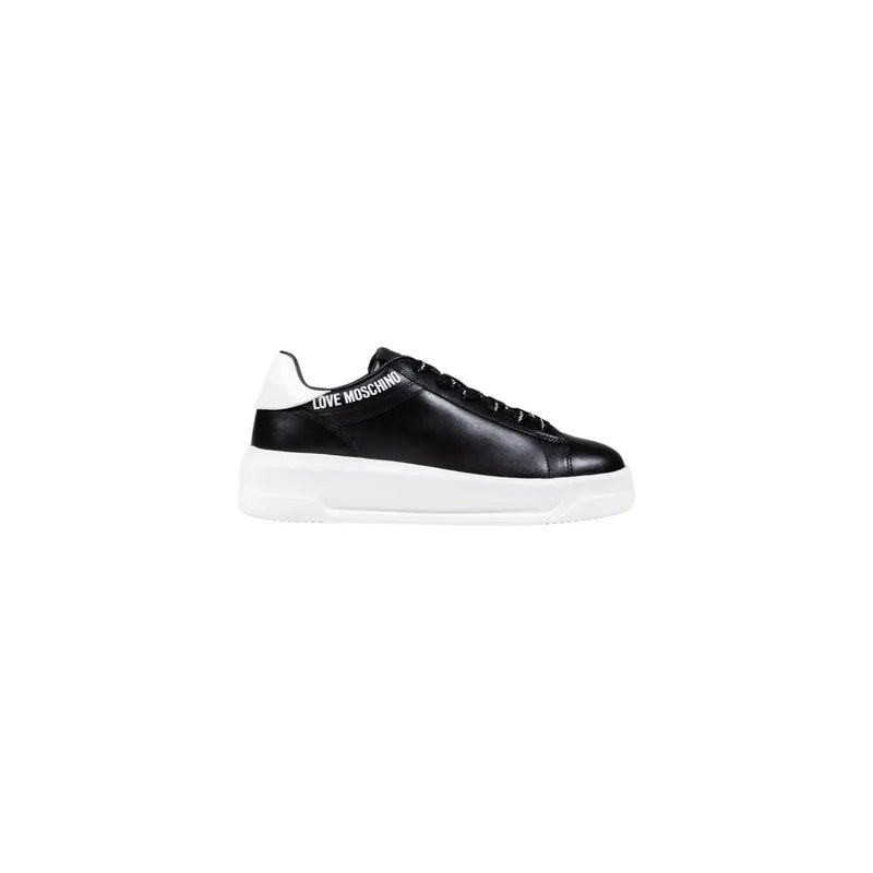 Love moschino women black platform sneakers in synthetic leather with white rubber sole and heel tab shown from the back side