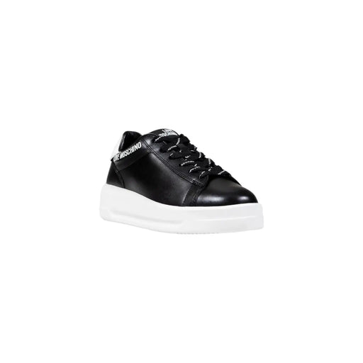 Love Moschino Schwarze Damen-Plateau-Sneaker aus Synthetik mit schwarzem Leder, silbernen Ziernähten, weißer Gummisohle und schwarzen Schnürsenkeln