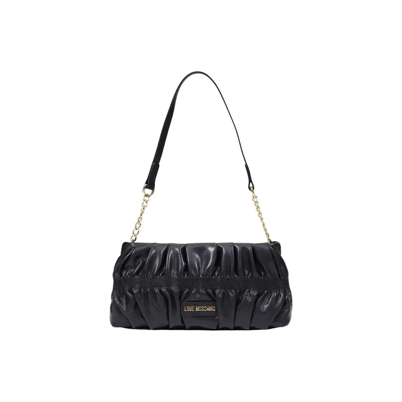 Love Moschino women black polyurethane handbag 27cm with glossy ruched leather body and chain and leather strap