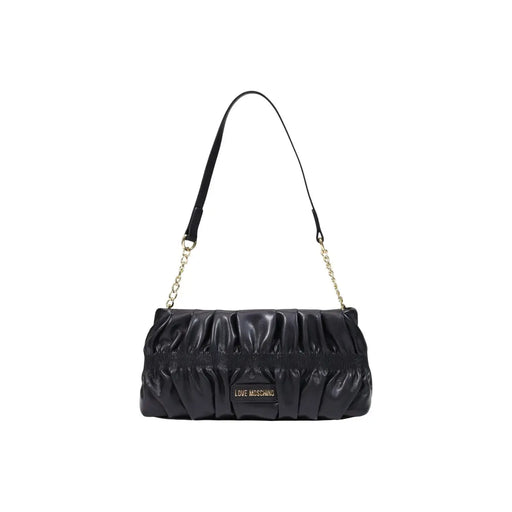 Love Moschino Schwarze Damenhandtasche aus Polyurethan, 27 cm, mit glänzendem, gerafftem Lederkorpus und Ketten- und Lederriemen