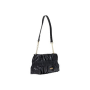 Love Moschino women black ruched leather crossbody handbag with gold-tone chain strap and brand plaque 27cm