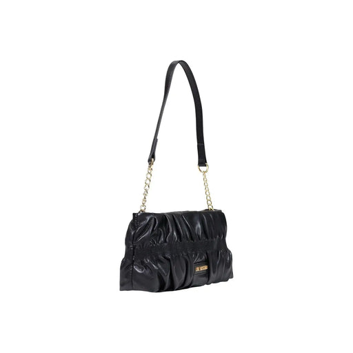 Love Moschino Schwarze, geraffte Damen-Umhängetasche aus Leder mit goldfarbenem Kettenriemen und Markenplakette, 27 cm