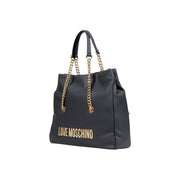Black leather tote bag with gold chain handles from Love Moschino Women polyurethane handbag collection