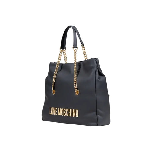 Black leather tote bag with gold chain handles from Love Moschino Women polyurethane handbag collection