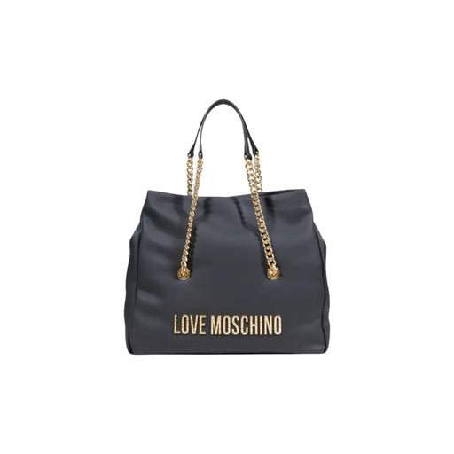 Dark gray Love Moschino tote bag with gold chain straps and gold logo lettering