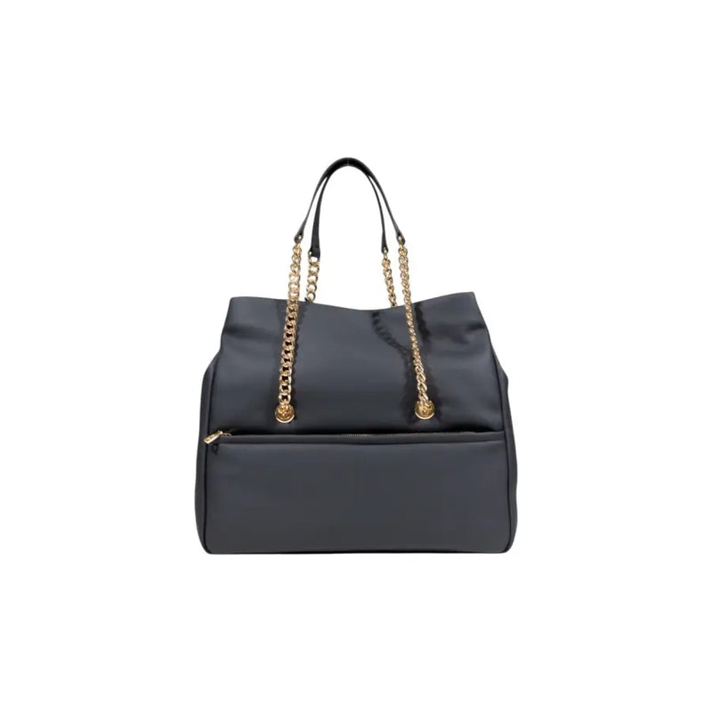 Black faux leather tote bag with gold chain straps and front zipper pocket for Love Moschino Women Handbag