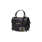 Love moschino women black polyurethane handbag with textured leather gold-tone logo plaque and handle hardware