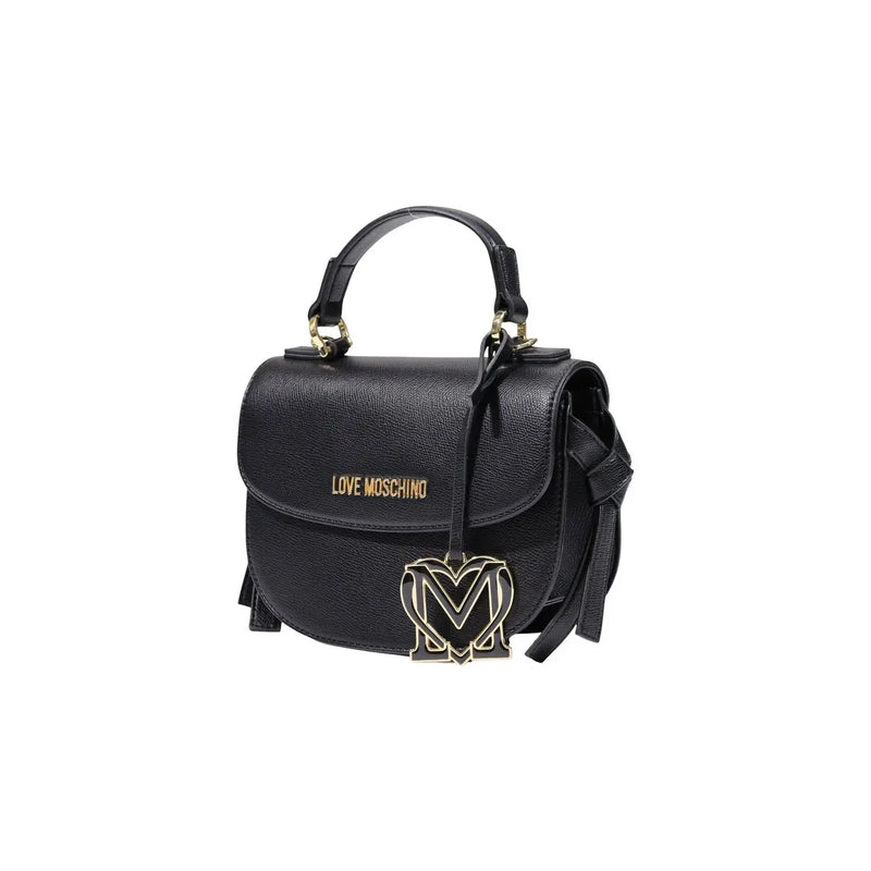 Love moschino women black polyurethane handbag with textured leather gold-tone logo plaque and handle hardware