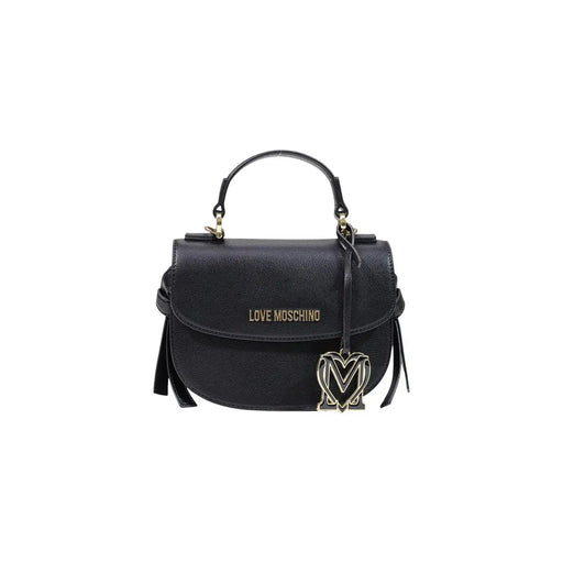 Love Moschino Schwarze Damenhandtasche aus strukturiertem Leder mit goldfarbenem Logo-Emblem und herzförmigem Anhänger, Maße: B 21 x H 17 x L 8 cm