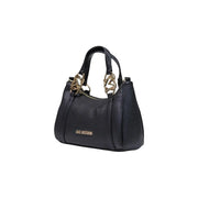 Schwarzes, strukturiertes Leder liebt Moschino Schultertasche mit goldfarbenen Henkeln und Logo-Plakette, 27 cm breit, Polyurethan