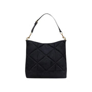 Black quilted Love Moschino women’s suede shoulder bag with gold hardware and zip pockets