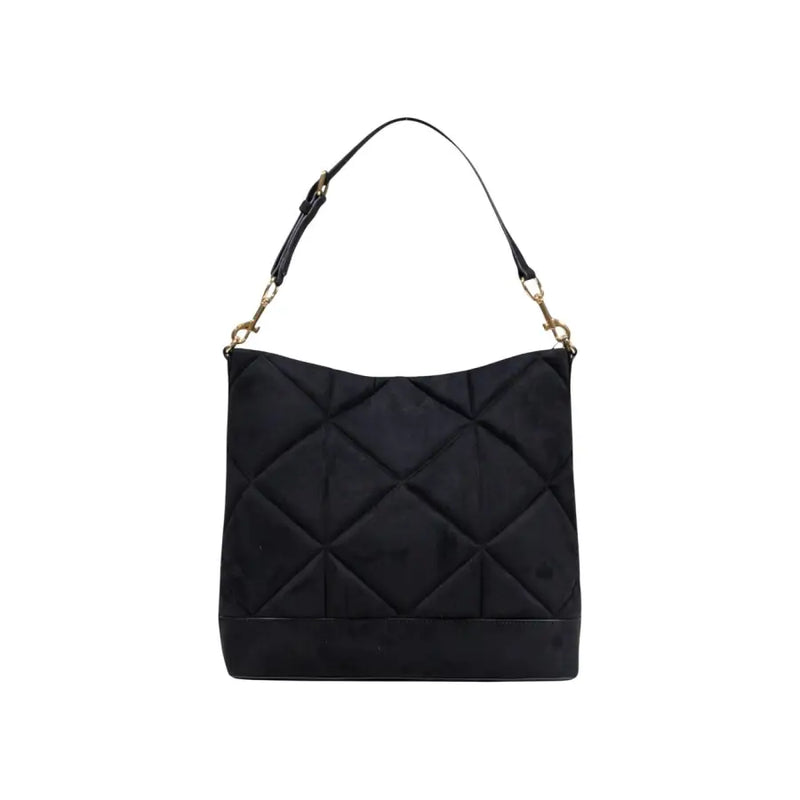 Black quilted Love Moschino women’s suede shoulder bag with gold hardware and zip pockets