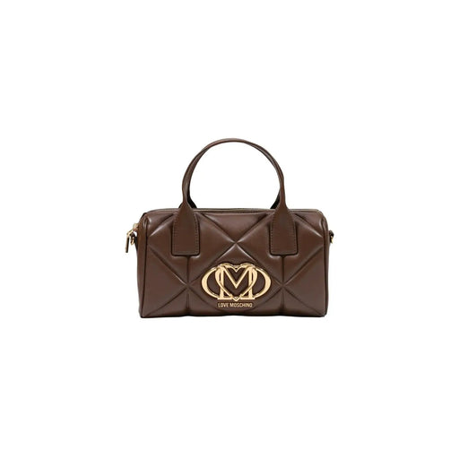 Braunes gestepptes Leder Love Moschino Handtasche mit goldfarbenem Logo-Emblem aus Polyurethan, 26 x 15 cm, für Damen