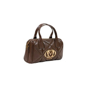 Brown quilted polyurethane handbag by Love Moschino featuring gold-tone logo emblem measuring 26x15cm