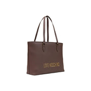 Brown love moschino tote bag with gold-tone lettering and matching leather handles made of polyurethane
