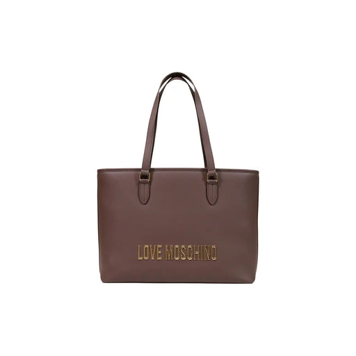Braune Love Moschino Tragetasche aus Polyurethan mit goldfarbenem Schriftzug und passenden Henkeln, Maße: B 13 cm, H 28 cm, L 13 cm