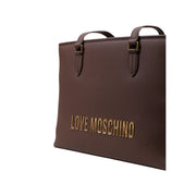 Brown leather tote bag by love moschino with gold-tone lettering and matching hardware in polyurethane material