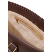 Love Moschino women brown leather handbag with beige suede interior and gold tone zipper hardware made of polyurethane